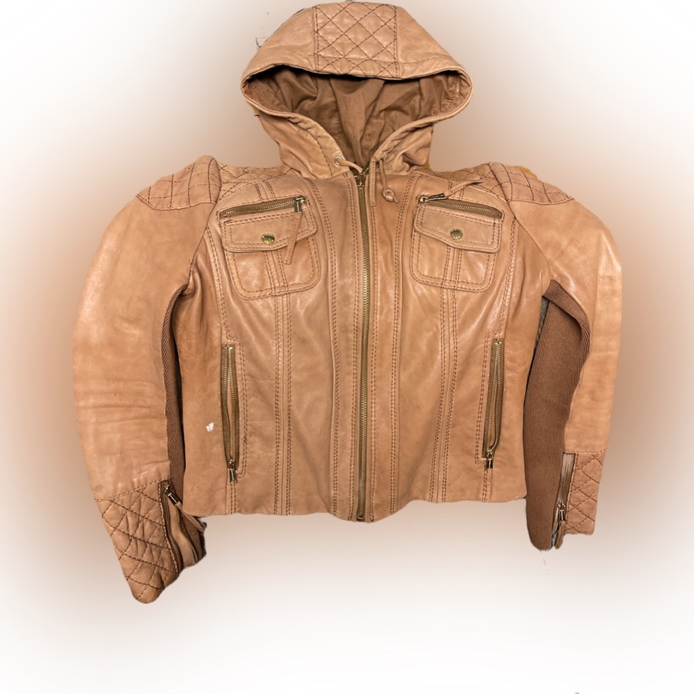 Michael Kors brown real leather zip up jacket with a hood